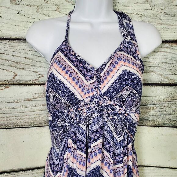Vanity Chevron Lace Halter Maxi Dress Boho Festival Navy Pink Women’s Large - Picture 5 of 9